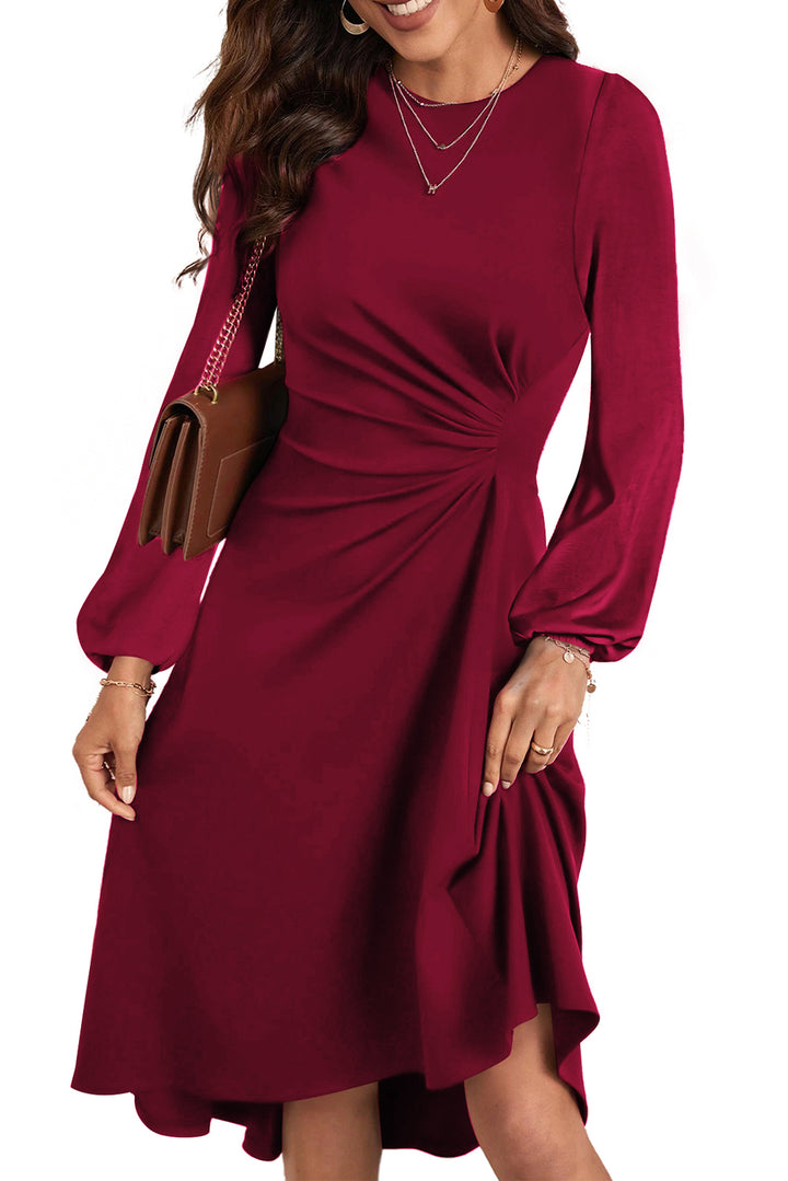 Burgundy Solid Color Ruched Detail Long Sleeve Midi Dress