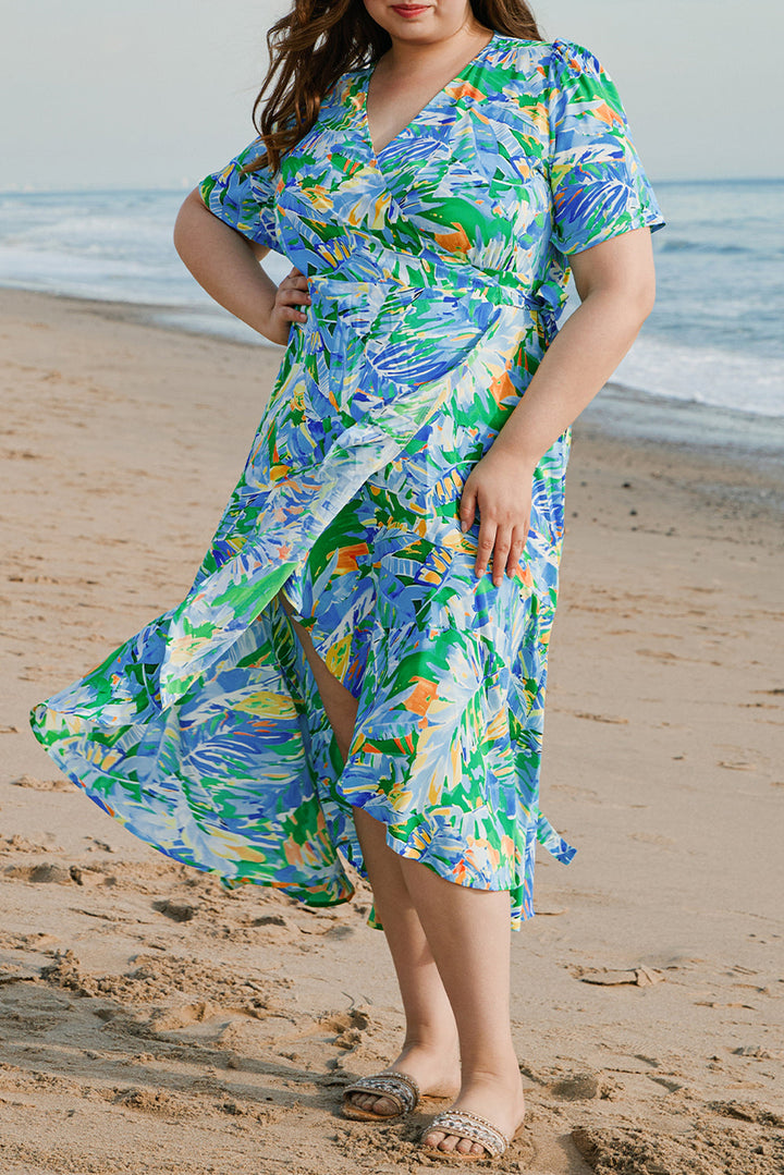 Leaves Print Short Sleeve Surplice Neck Ruffled Trim Plus Size Maxi Dress