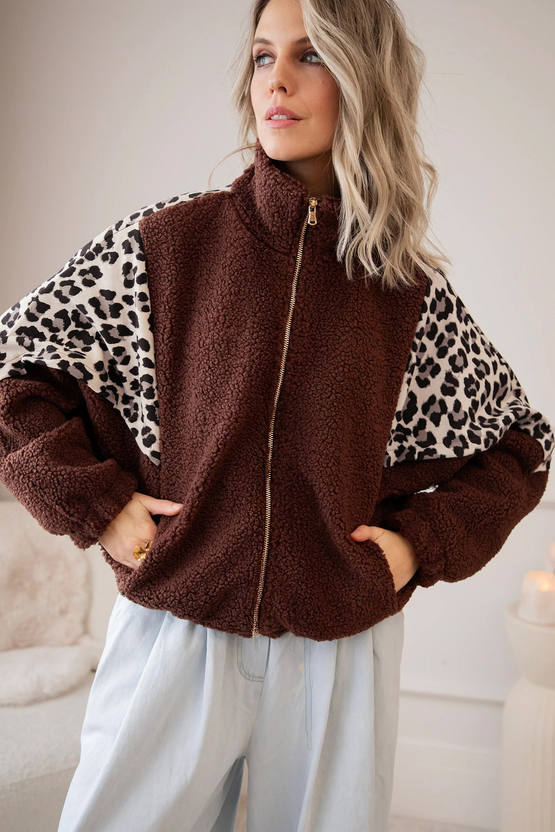 Coffee Leopard Patchwork Fleece Western Style Zip-up Collar Jacket