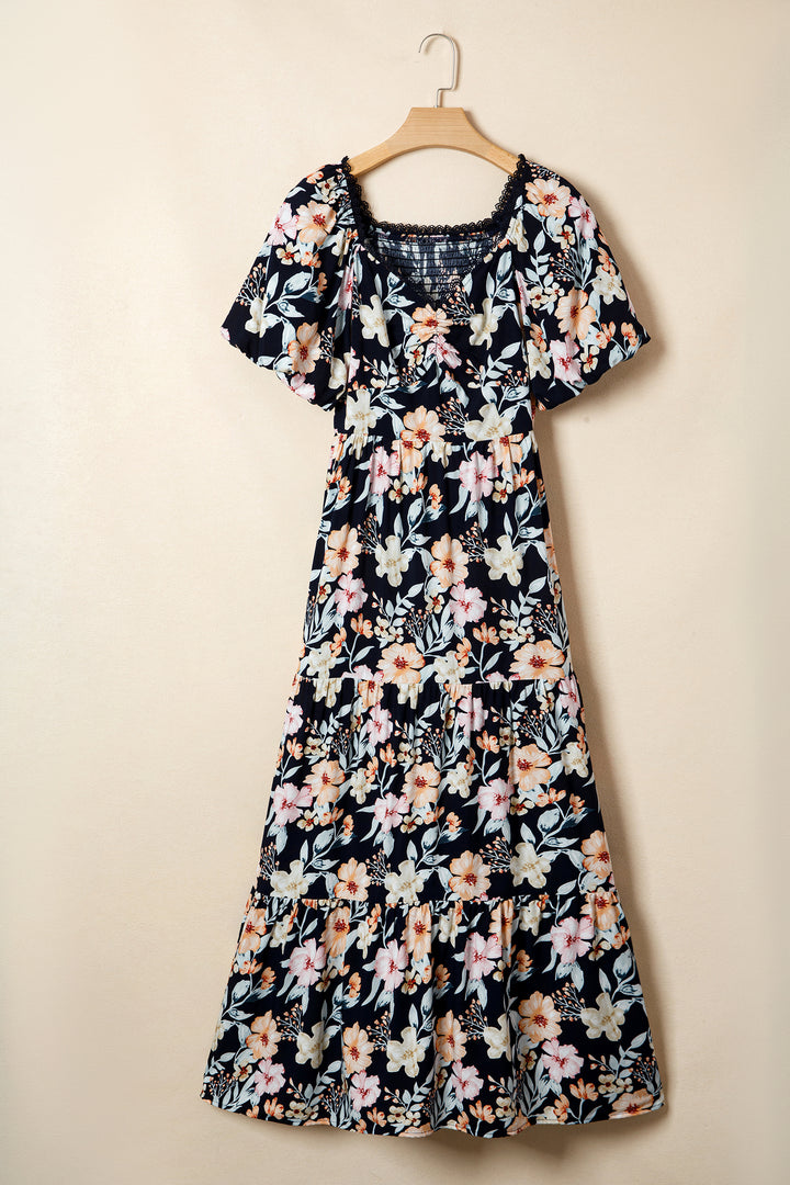 Short Sleeve Smocked Detail High Waist Floral Maxi Dress