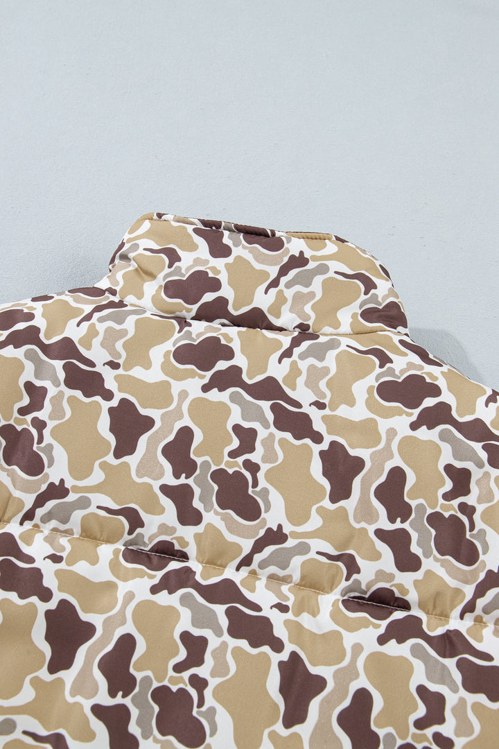 Multicolour Camouflage Quilted Metal Button Collar Long Sleeve Puffer Coat