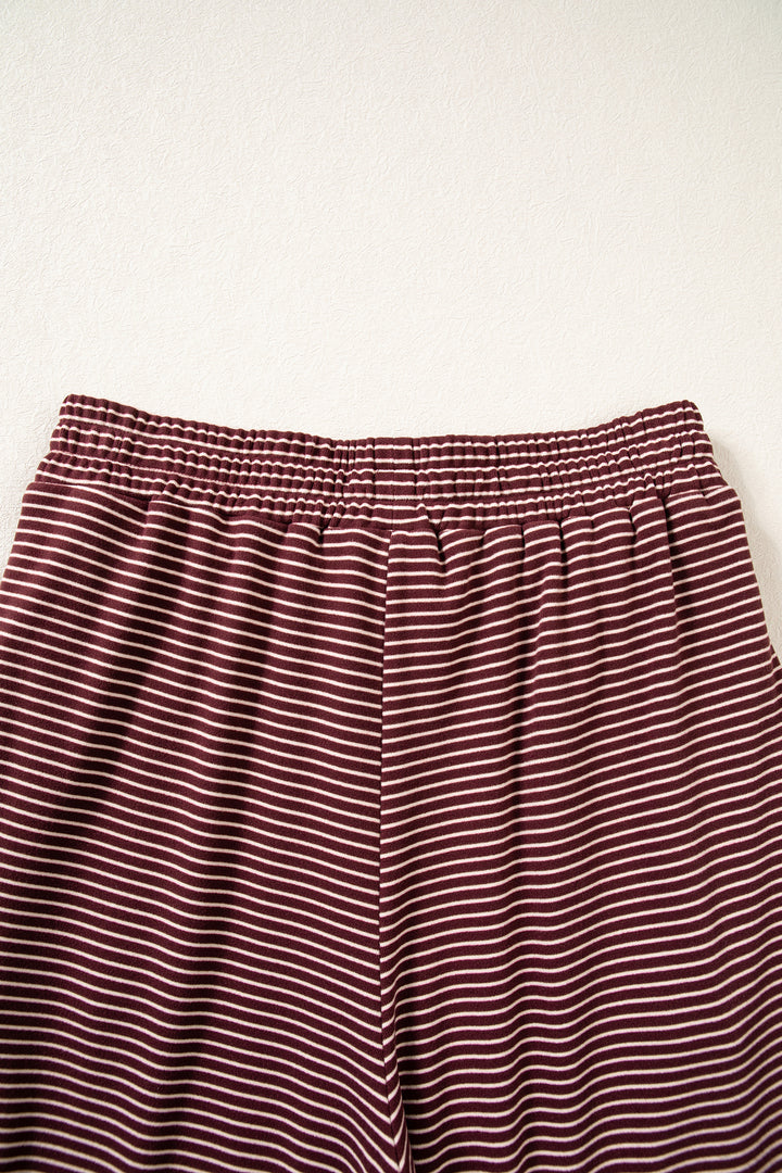 Brown Stripe Contrast Trim Round Neck Oversize Long Sleeve Top 2pcs Pant Set