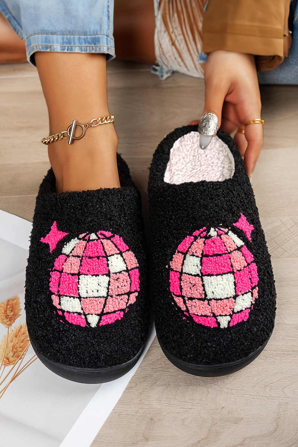 Disco Ball Print Fuzzy Winter House Slippers