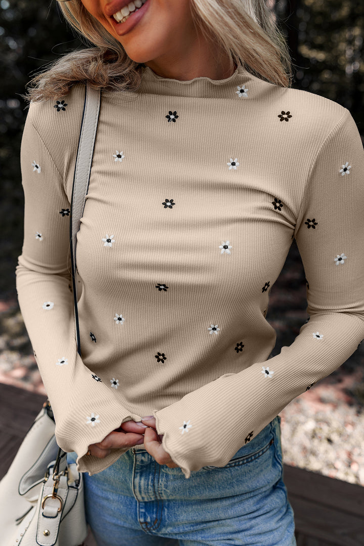 Jet Stream Floral Embroidered Detail Ribbed Long Sleeve Top