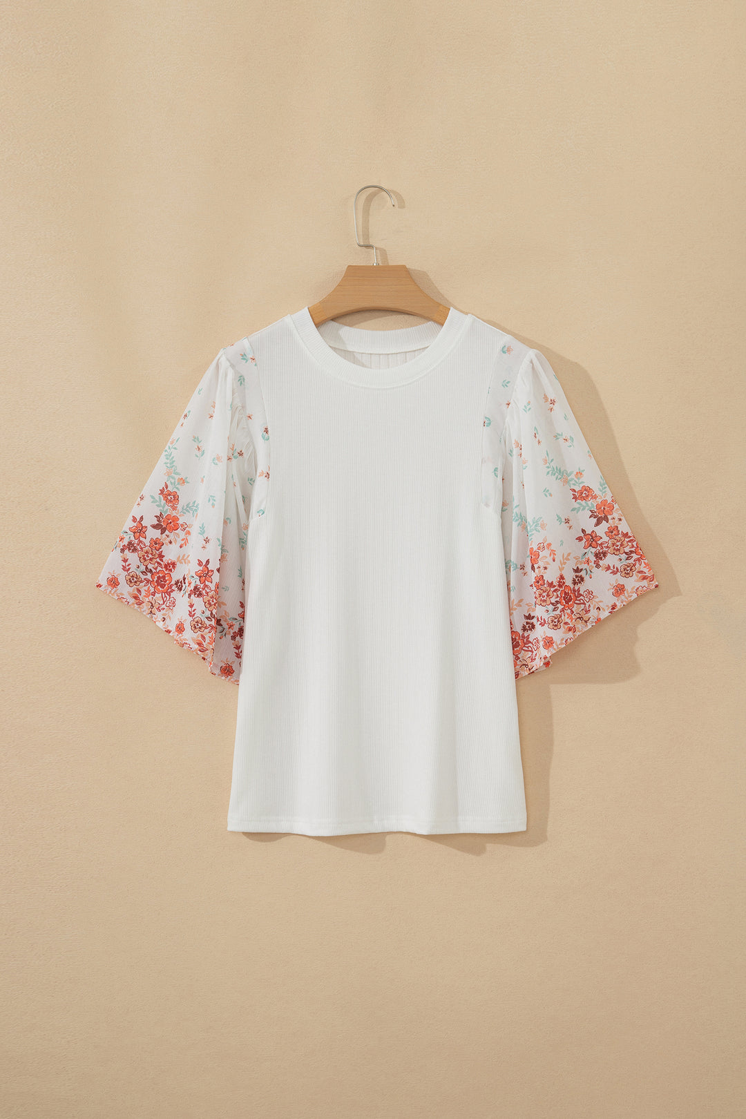 White Ribbed Texture Floral Print Half Sleeve Patchwork Top