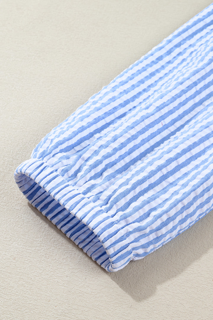 Sky Blue Stripe Seersucker Textured Notched Neck Long Puff Sleeve Tiered Curvy Dress
