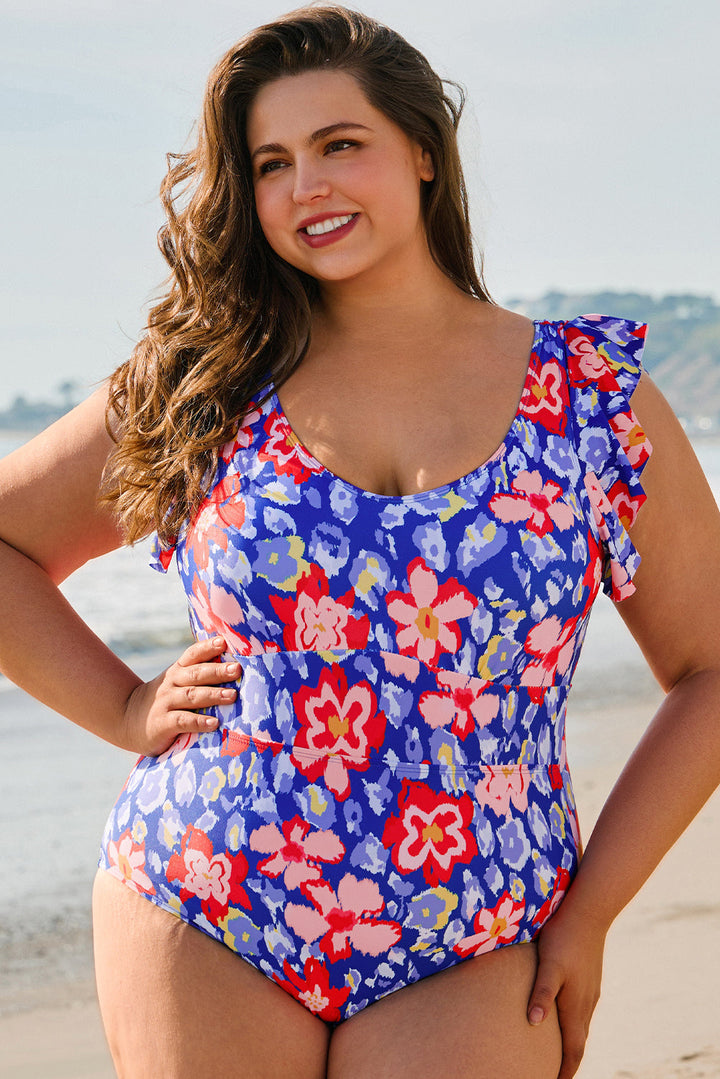 Floral Print Ruffled V Neck High Waist One Piece Swimwear
