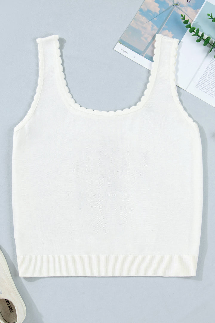 White Plus Size Floral Print Scalloped Trim Square Neck Sweater Vest