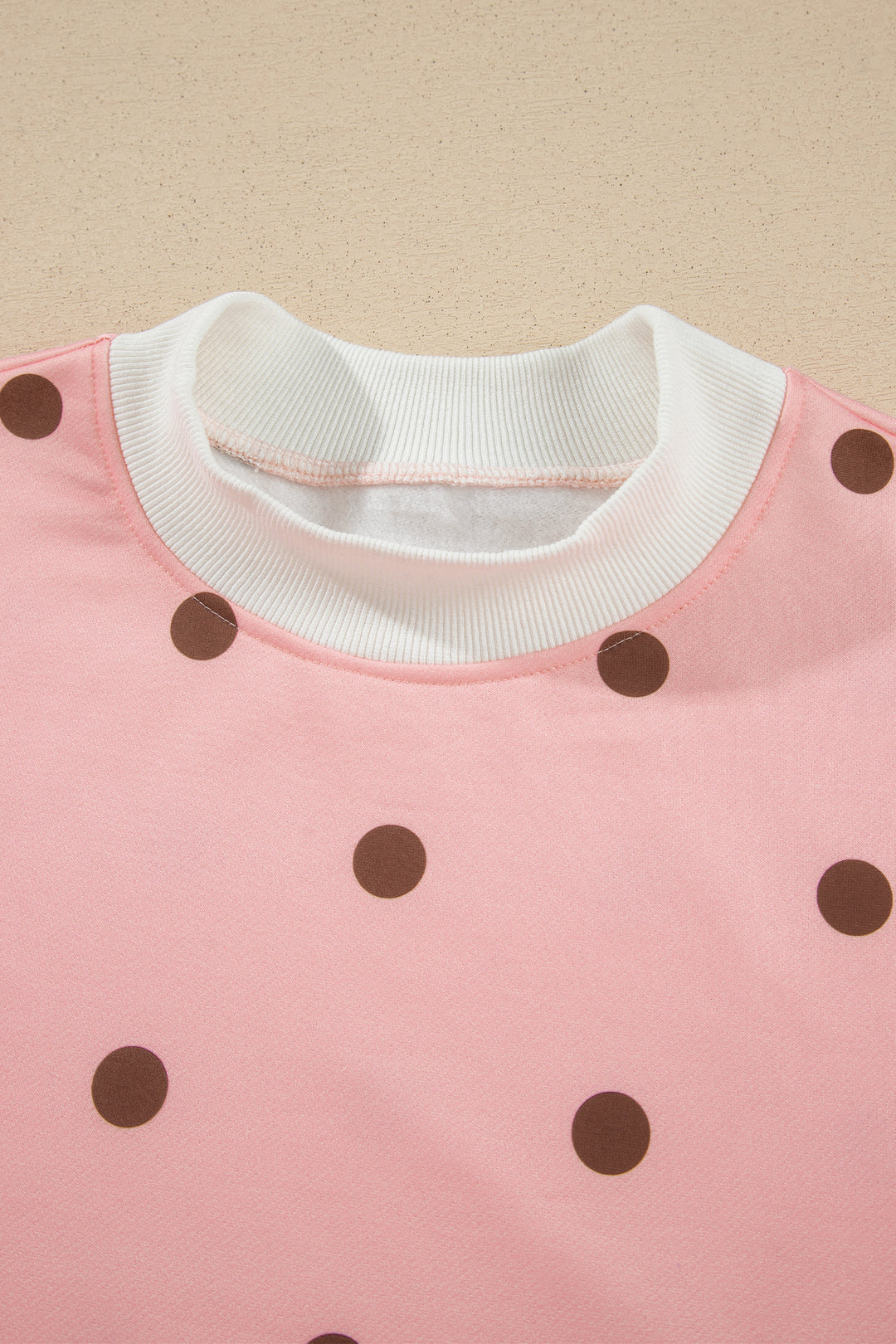 Pink Polka Dot Ribbed Trim Long Sleeve Top Casual Short Set