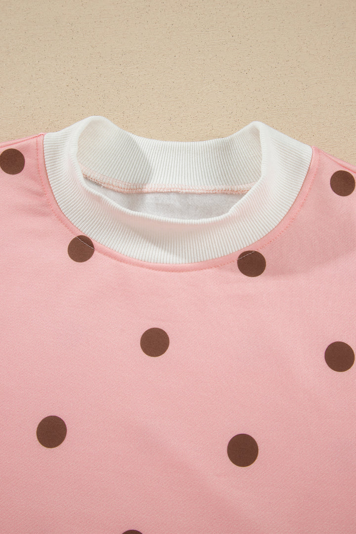 Pink Polka Dot Ribbed Trim Long Sleeve Top Casual Short Set