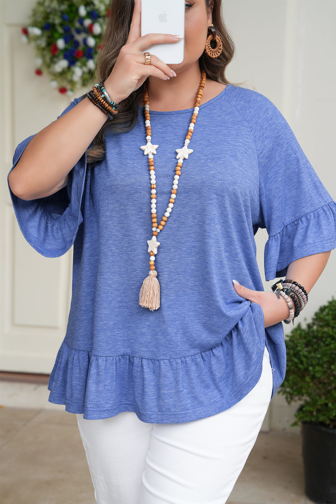 Dusk Blue Ruffled Short Sleeve Plus Size Casual Blouse