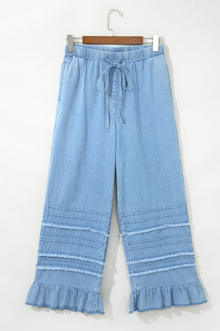 Casual Beau Blue Ruffled Hem Wide Leg Chambray Pants