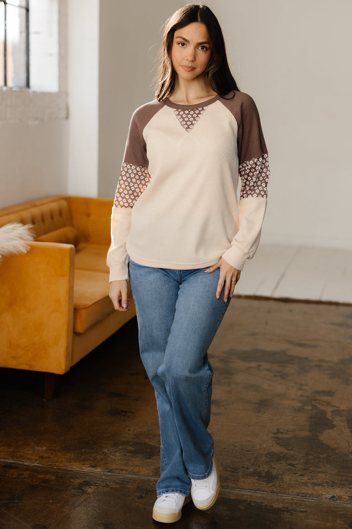 Floral Print Patchwork Color Block Long Sleeve Top