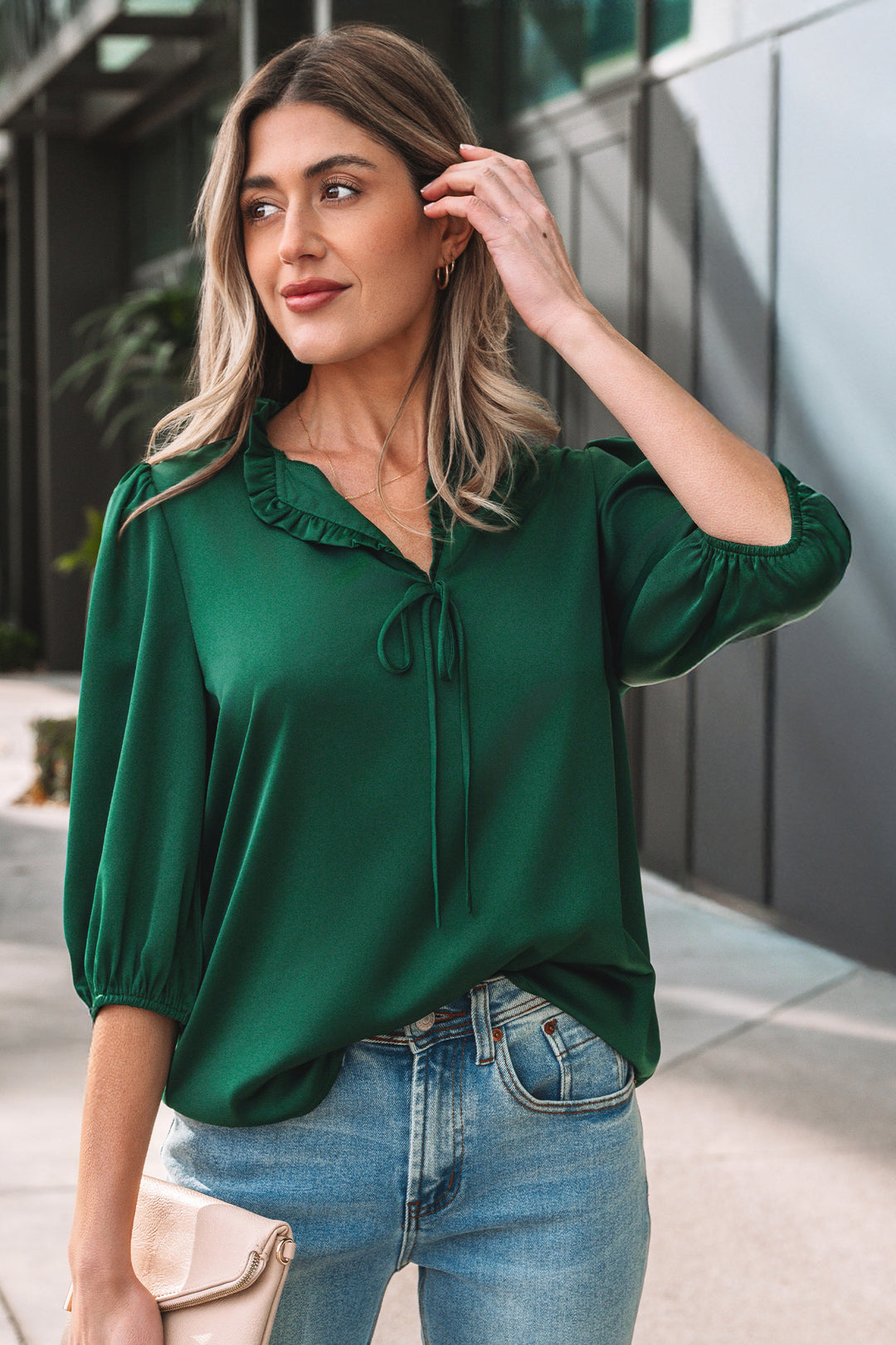 Solid Color Frilled V Neck Bow Detail 3/4 Sleeve Blouse