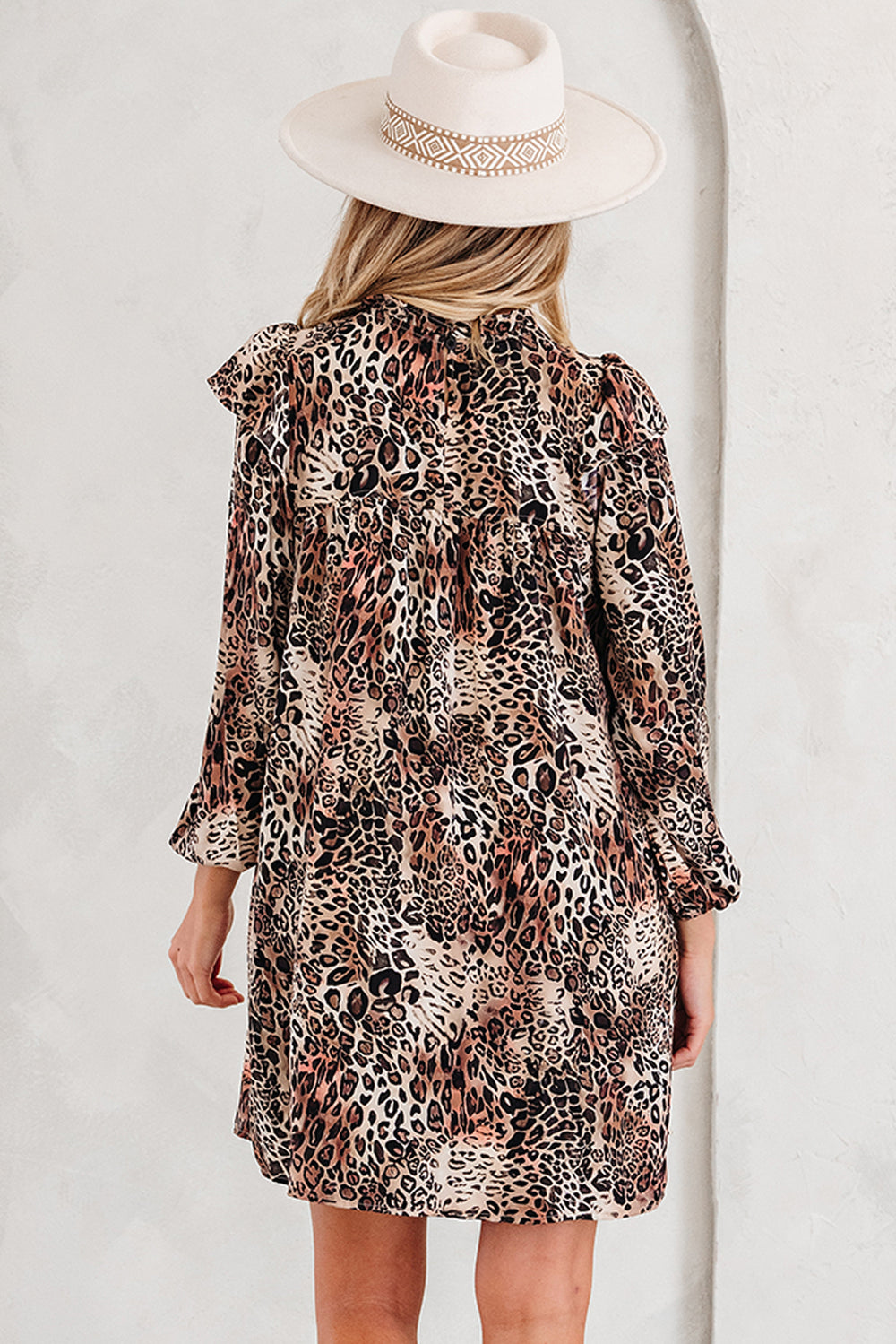 Leopard Ruffled Detail Long Sleeve Loose Mini Dress