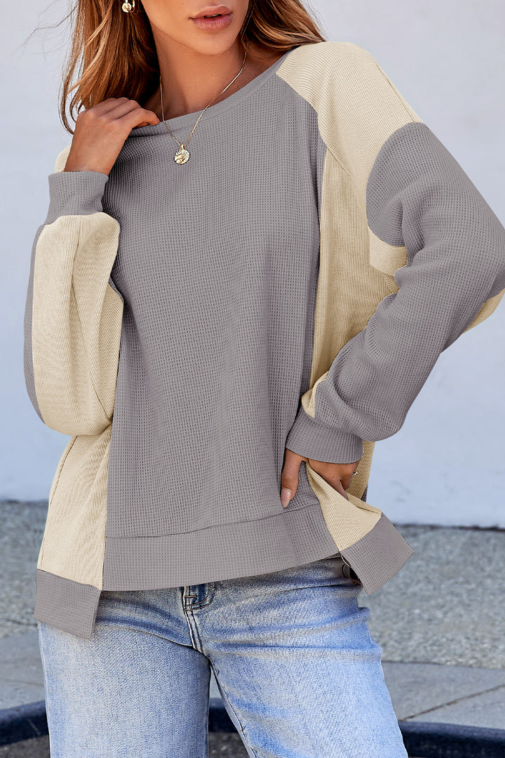 Color Block Waffle High Low Raglan Sleeve Sweatshirt
