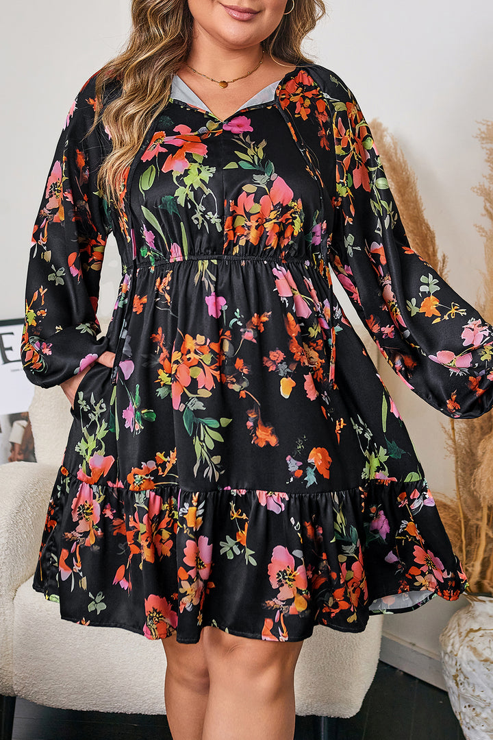 Black Plus Size Floral Print Tie Neck Long Sleeve Mini Dress