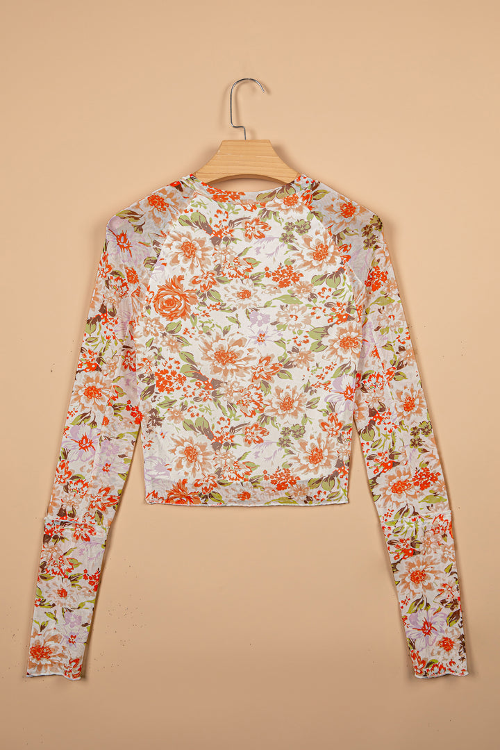 Multicolour Floral Print Mesh Thumbhole Long Sleeve Slim Top