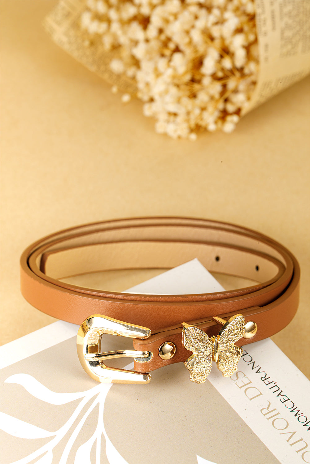 Ceinture fine en cuir PU avec boucle décorative papillon