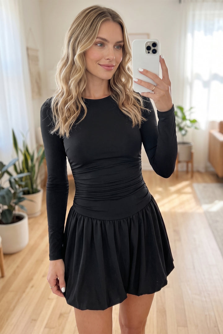 Black Solid Color Long Sleeve Bubble Hem Short Dress