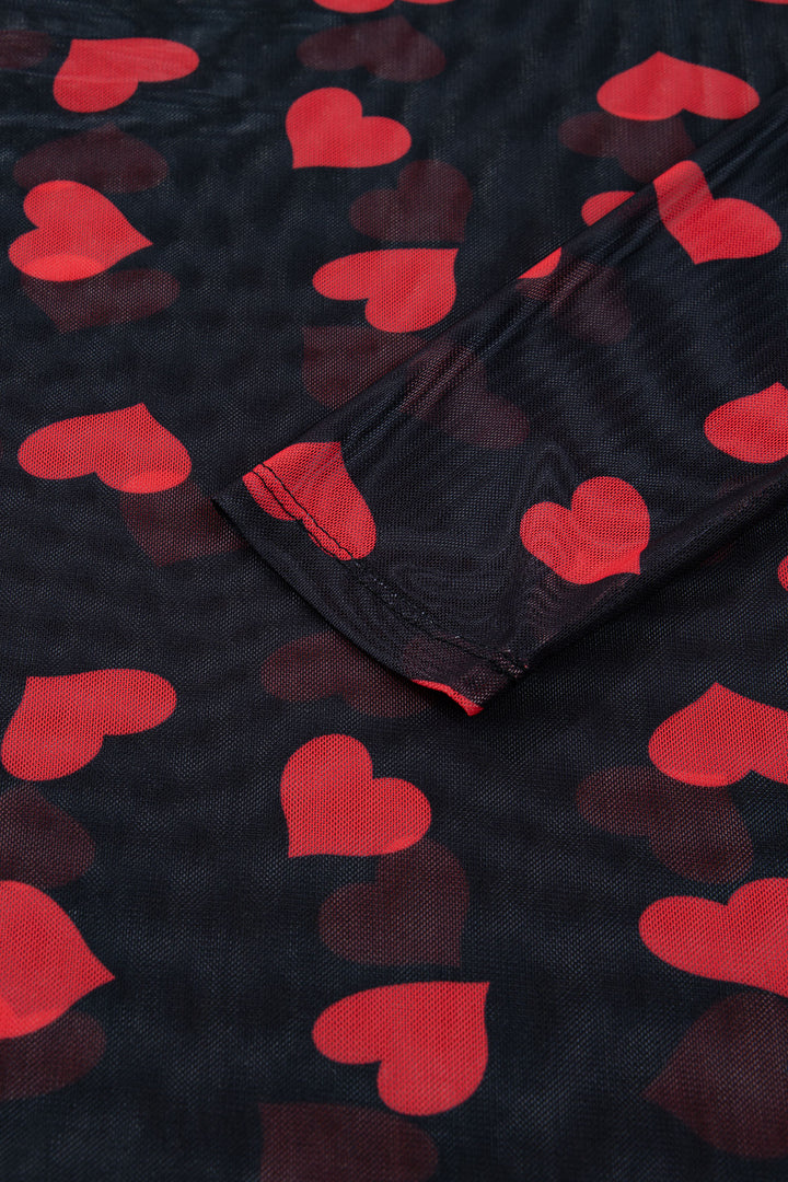 Black Valentines Heart Printed Sheer Mesh Long Sleeve Top