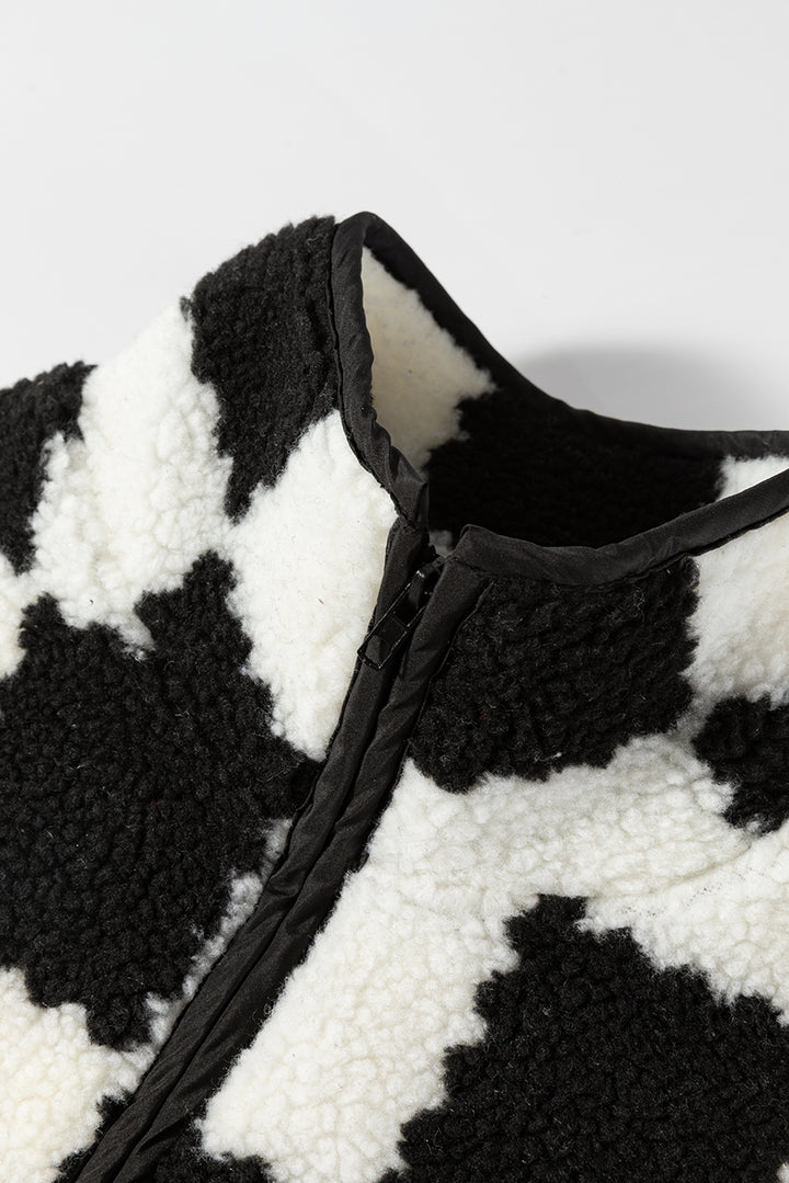 Black Checkered Sherpa Collared Jacket Vest