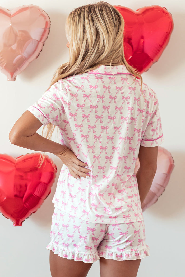 bowknot printed short sleeve and ruffled shorts pajama set