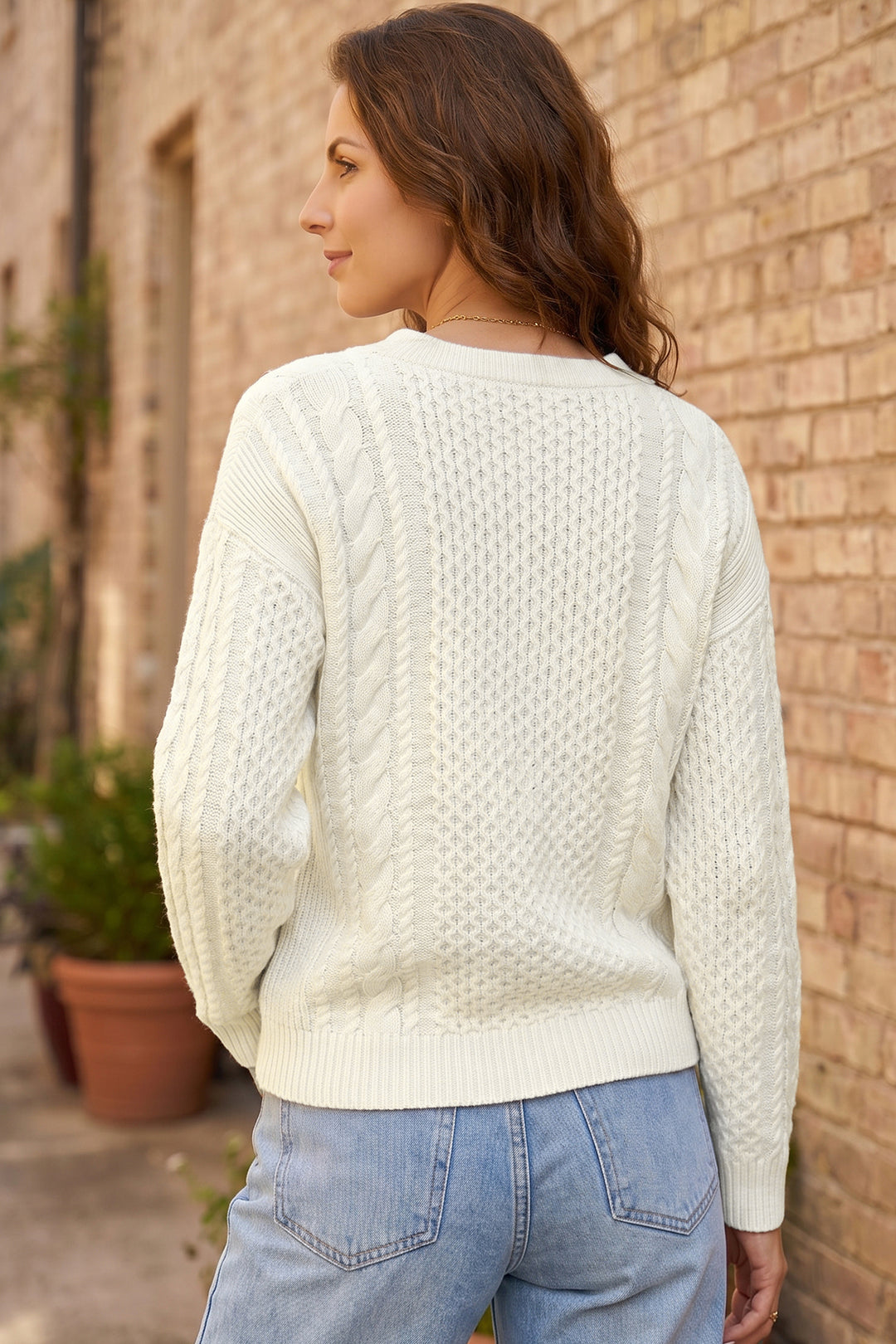 Beige Solid Color Cable Detail Knit Loose Sweater