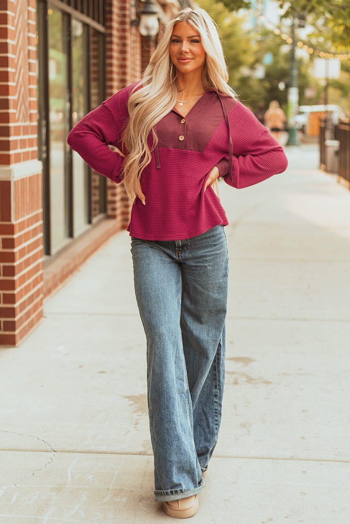 Red Waffle Patchwork Drop Shoulder Hooded Long Sleeve Top