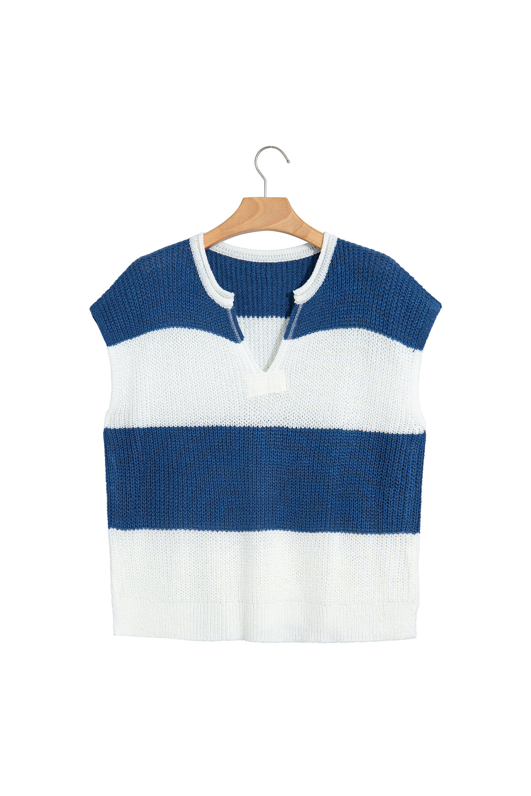 Blue Stripe Striped Colorblock Knit V Neck Short Sleeve Loose Sweater