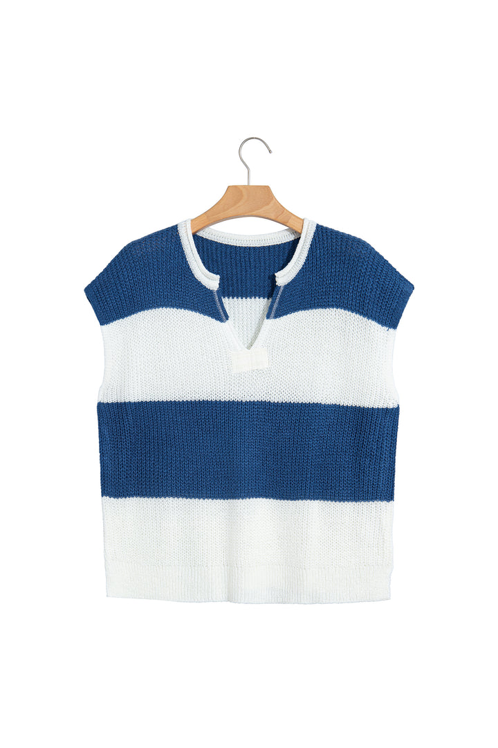 Blue Stripe Striped Colorblock Knit V Neck Short Sleeve Loose Sweater