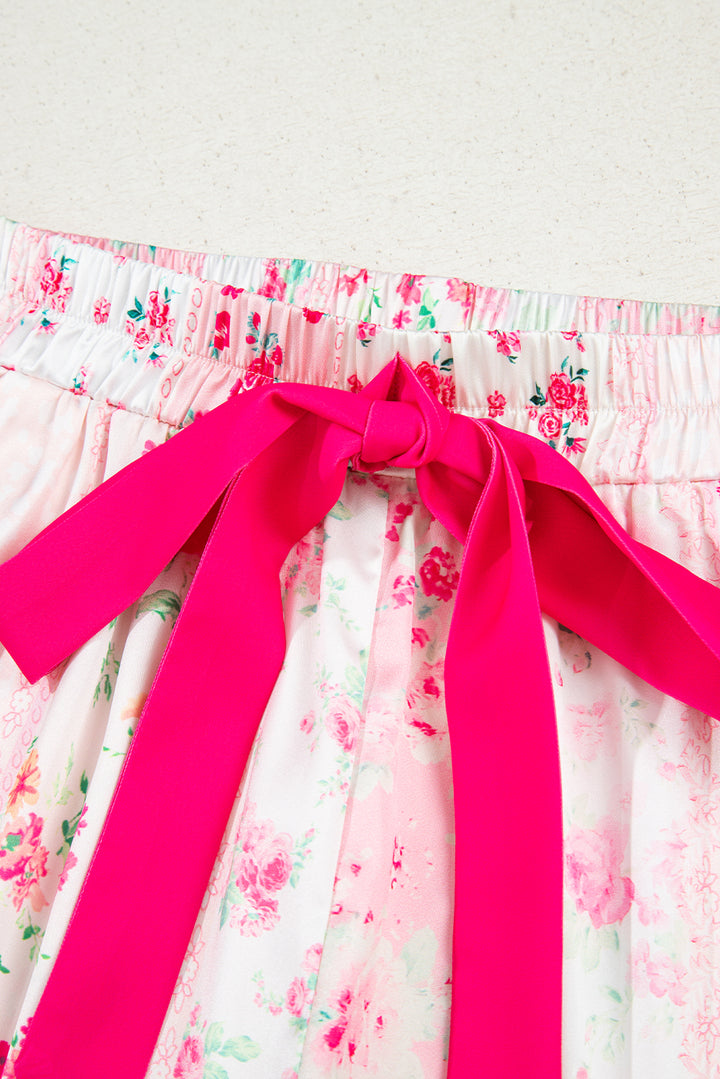 Pink Mixed Floral Print Contrast Piping Trim Satin Tie 2pcs Pajama Set