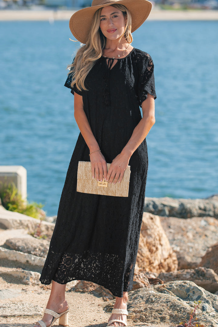 Floral Lace Overlay Tassel Tie Short Sleeve Beach Vacation Loose Maxi Dress