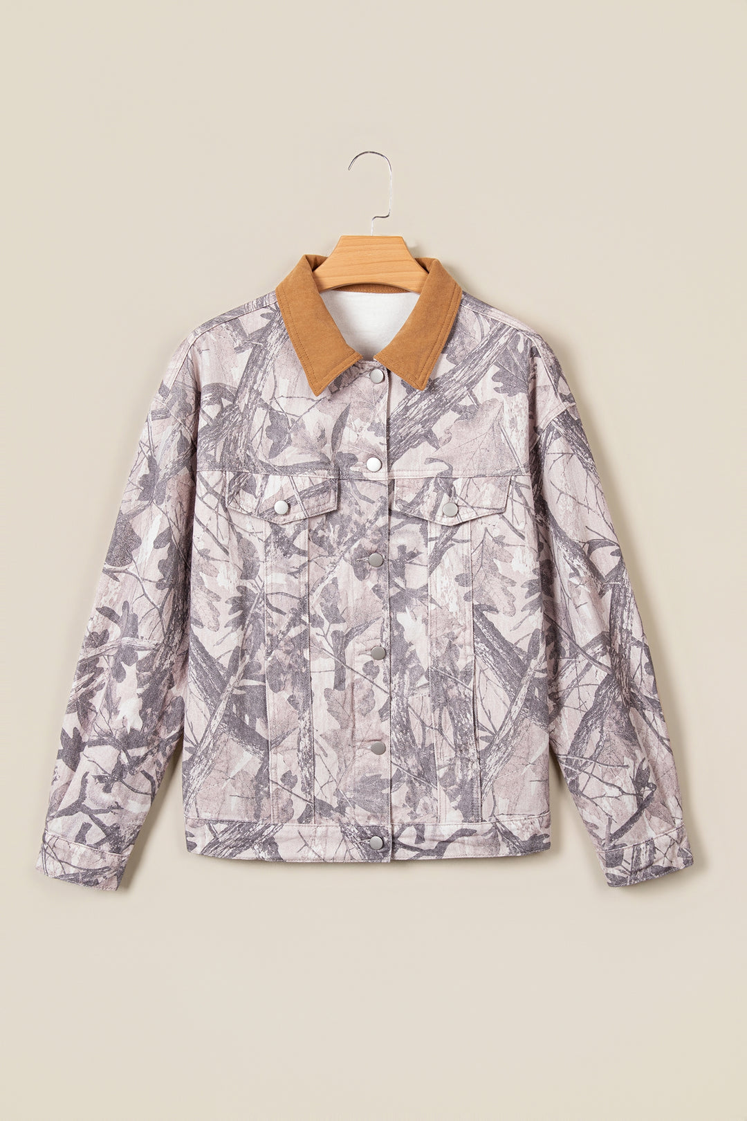 Gray Abstract Camo Print Colorblock Collar Oversized Shift Silhouette Denim Jacket