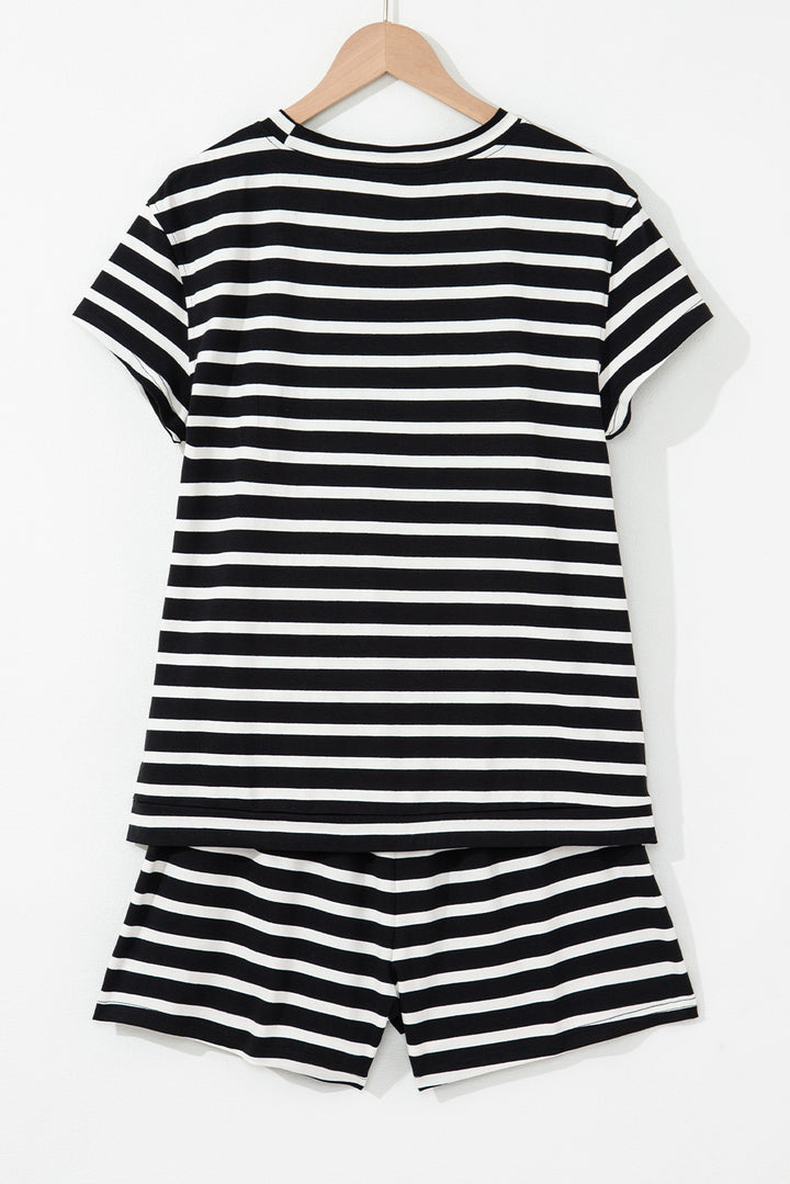 Black White Striped Short Sleeve Top and Shorts Set