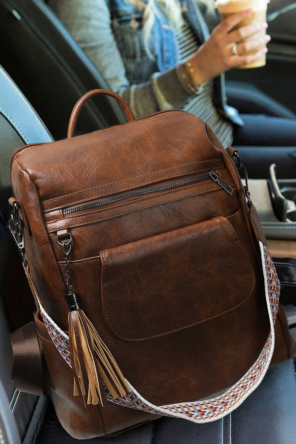 Tassel Decor Retro PU Large Capacity Backpack