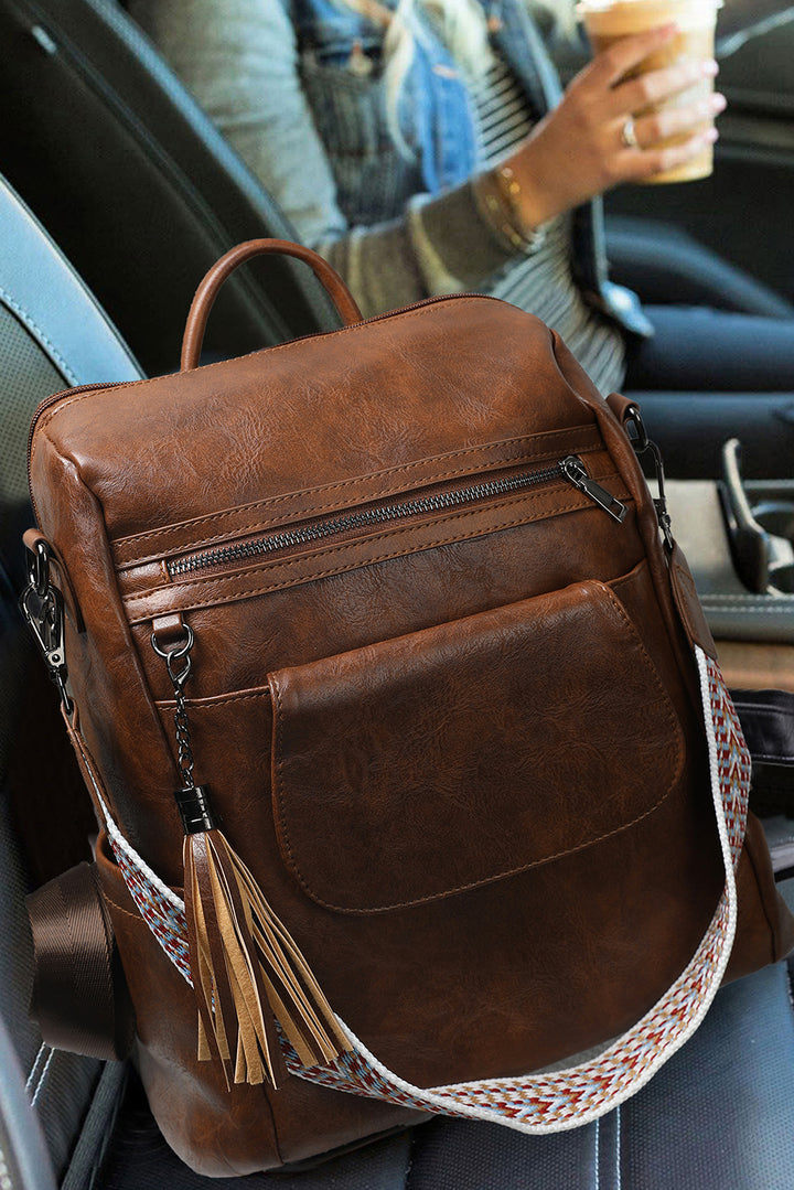 Tassel Decor Retro PU Large Capacity Backpack