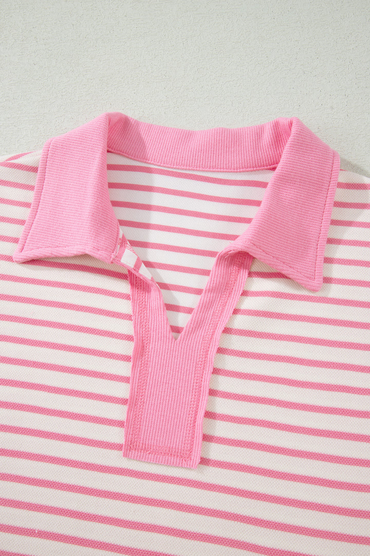 Pink Stripe Polo Tee Drawstring Elastic Waist 2pcs Skort Set