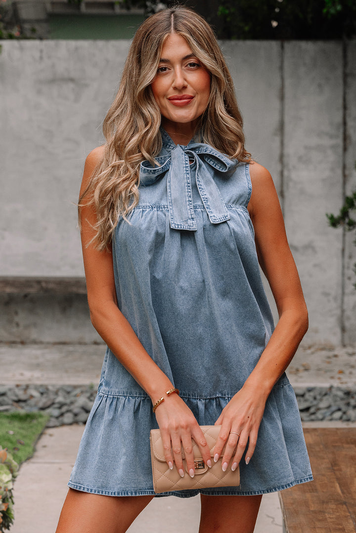 Bowknot Neck Sleeveless Ruffled Chambray Dress