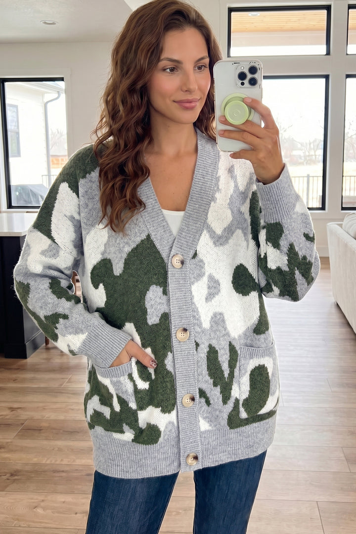 Green Camouflage V Neck Button Front Cardigan
