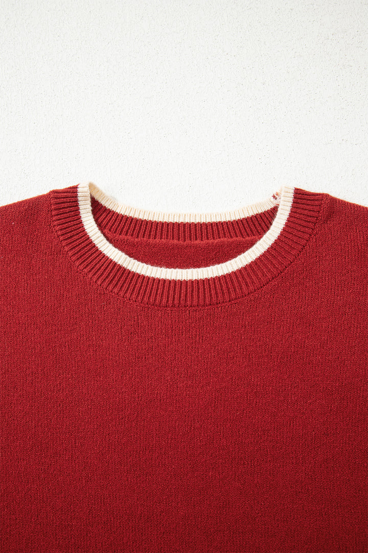 Racing Red Leopard Bow Decor Split Cuff Contrast Trim Sweater