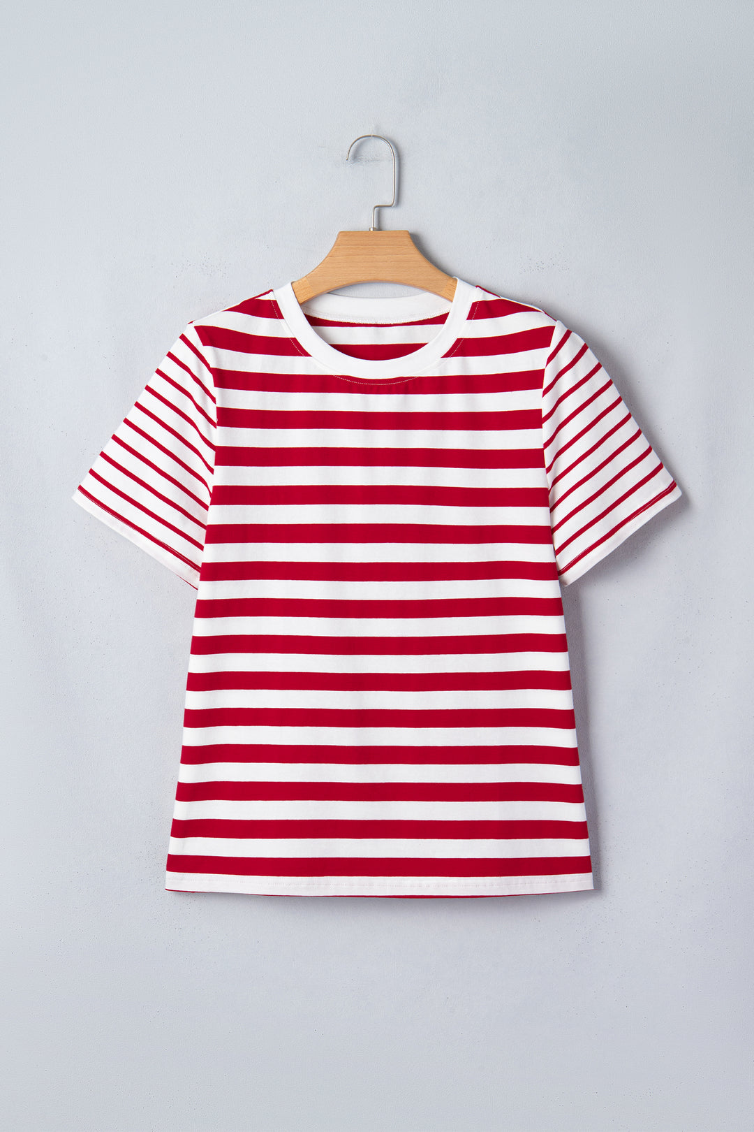 Red Stripe Patchwork Round Neck Short Sleeve T Shirt