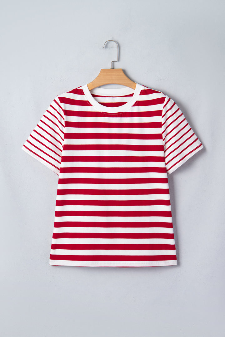 Red Stripe Patchwork Round Neck Short Sleeve T Shirt