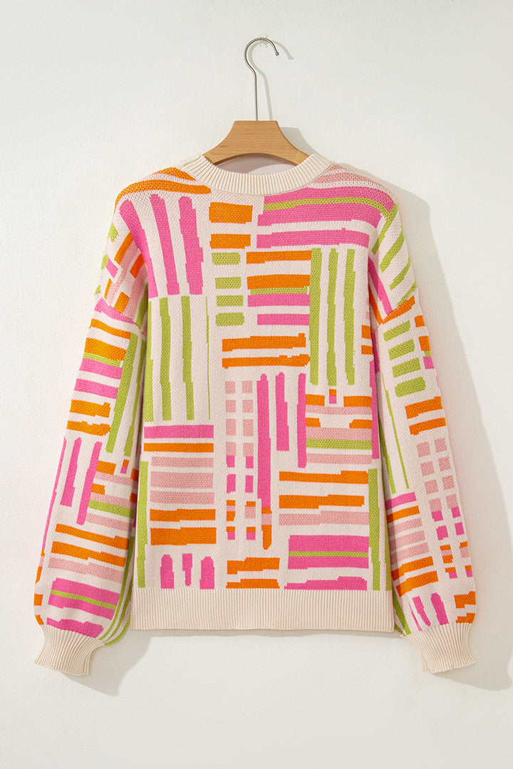 Love Lines Pattern Crew Neck Puff Sleeve Sweater