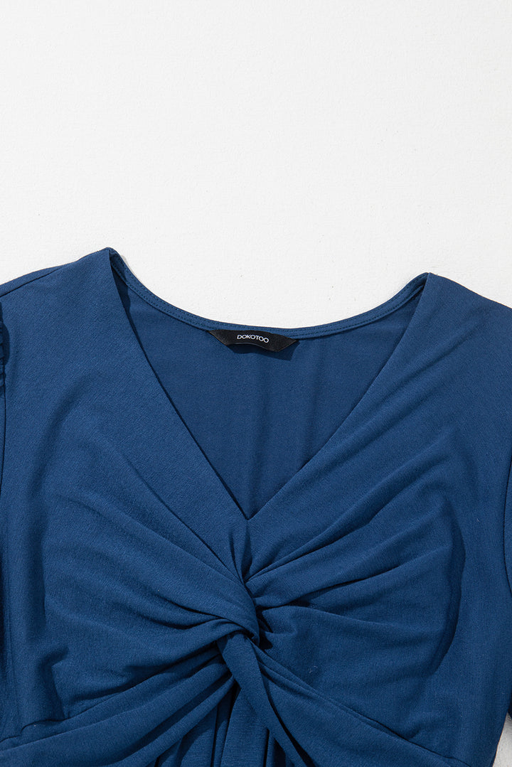 Sail Blue Solid Color Front Twist Puff Sleeve Ruffled Dress