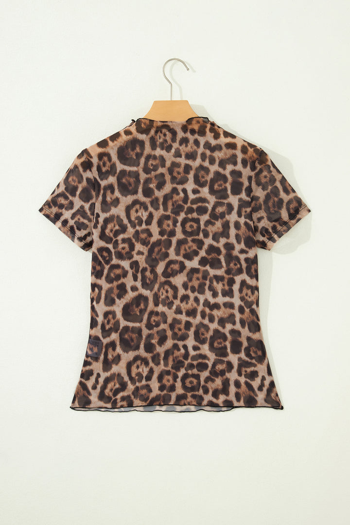 Camel Leopard Printed Mesh Short Sleeve Top