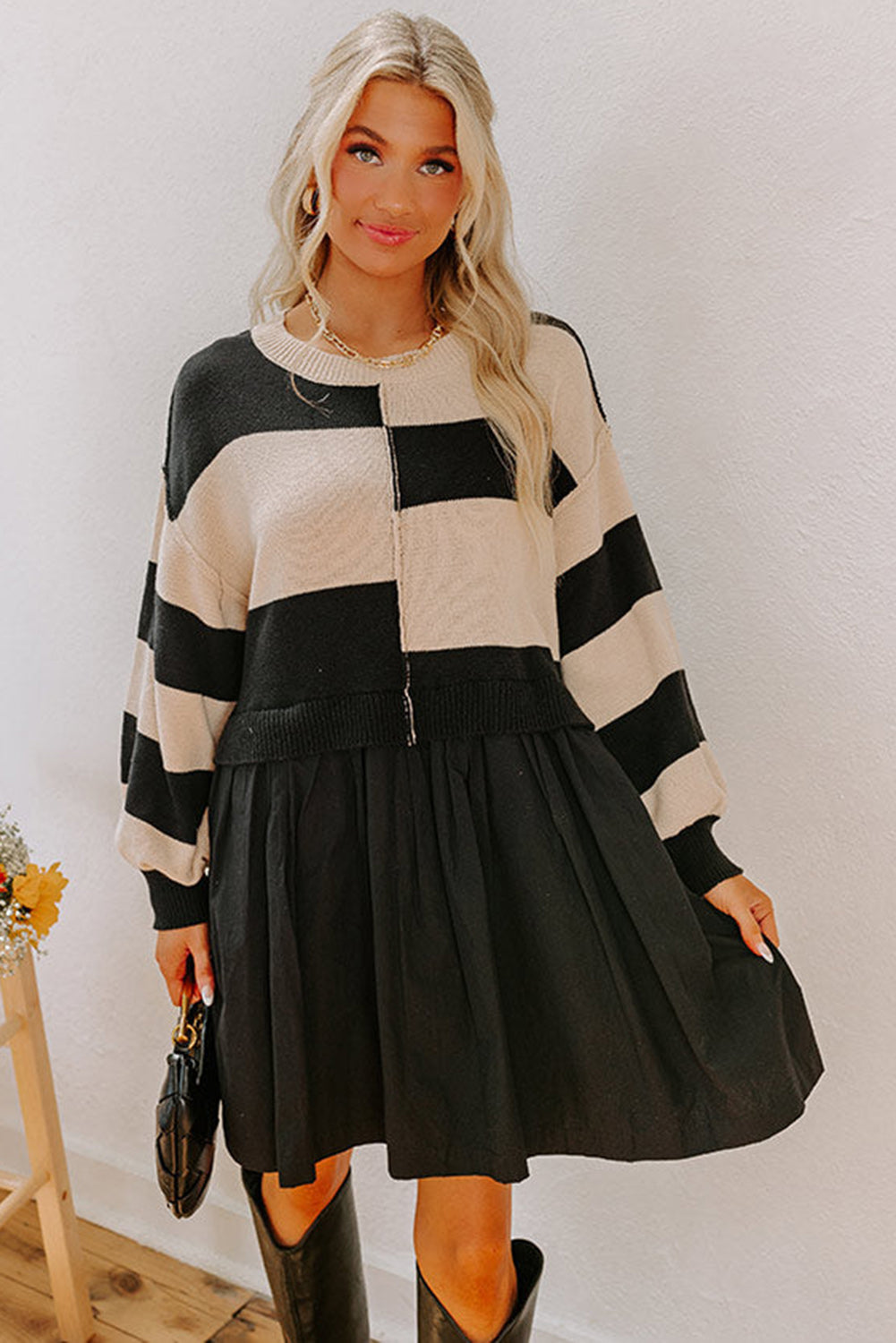 Black Stripe Two in One Knitted Top Splicing Hem Sweater Dress