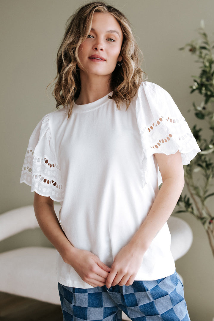 Hollow Out Embroidered Short Sleeve O Neck Top