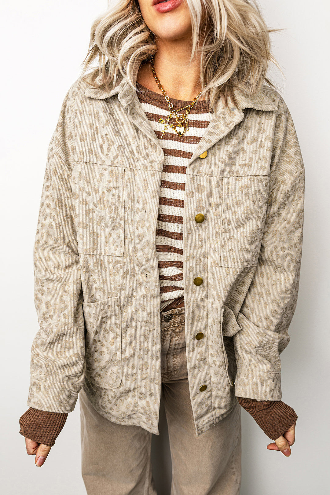 Khaki Leopard Print Corduroy Shirt Collar Long Sleeve Regular Fit Jacket
