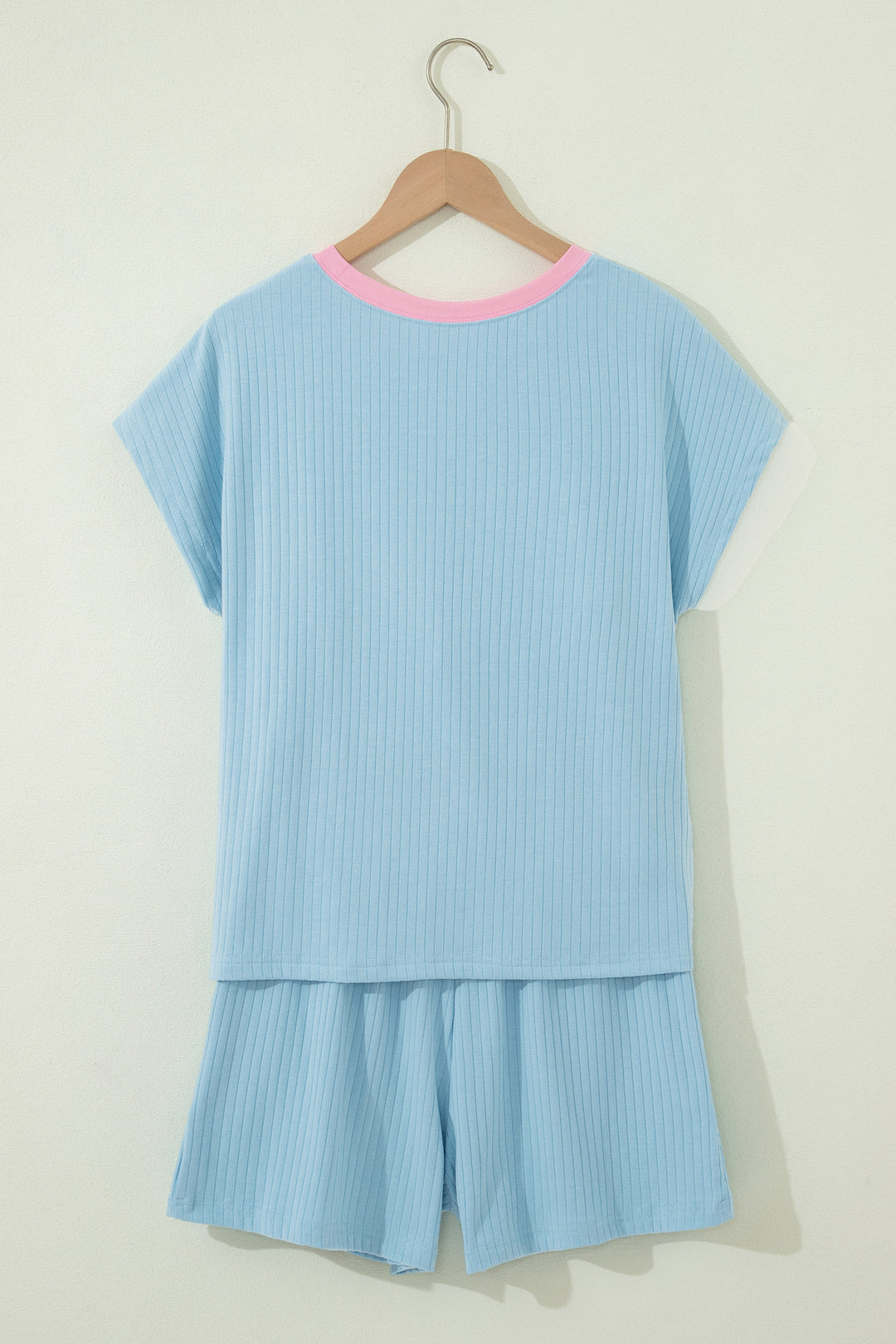 Mist Blue Soft Ribbed Color Block Trim Casual Short Set